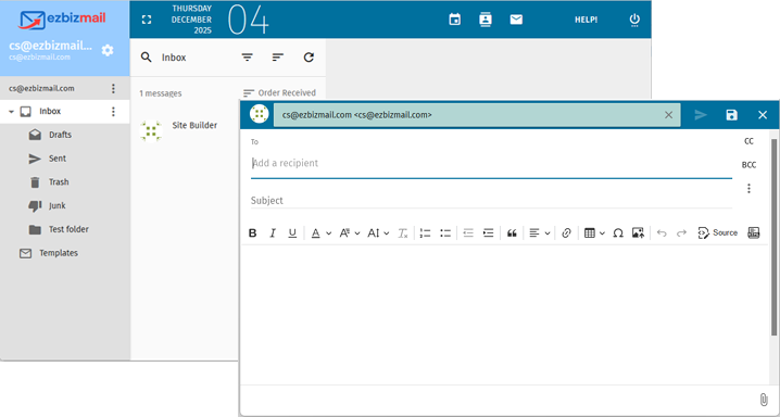 EZBizMail webmail interface showing email inbox and options